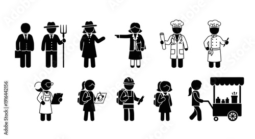 Collection of diverse professionals including farmers, chefs, medical staff, and workers