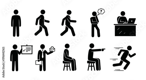 Sequence of black silhouette icons depicting a person?s journey from walking, thinking, working, to running