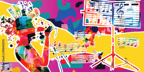 Maximalist Music Collage with Singer Silhouette, Sheet Music Stand and Abstract Instruments on Vibrant Purple and Yellow Background
