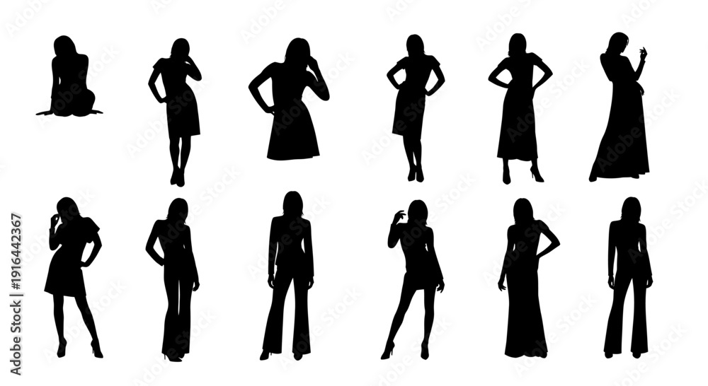 Fototapeta premium Collection of 14 fashionably dressed women in different poses and silhouettes, some standing, others sitting or in a stance, all in black profile
