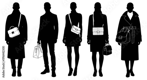 Five silhouetted women stand side by side, all holding or wearing handbags and dressed in stylish outerwear