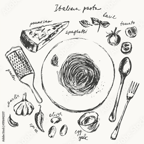 Hand drawn ink Italian pasta sketches set. Spaghetti recipe ingredients. Cheese olives tomato olive oil. For food background. Mediterranean menu.