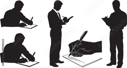 Silhouettes of businessmen signing documents and working on papers