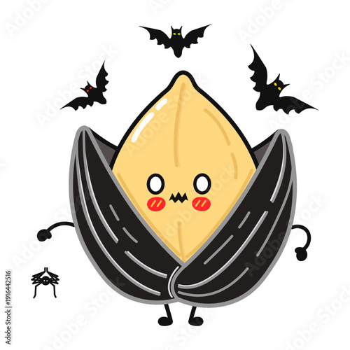 Sunflower seed character fearing Halloween bats and spider