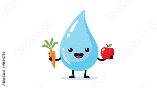 Happy cartoon water drop character holds a fresh orange carrot and a red apple, emphasizing the importance of hydration and healthy nutrition.