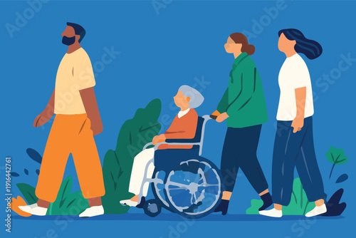 Diverse group of people walking together with an elderly woman in a wheelchair.