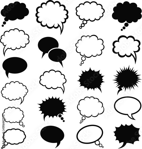 Set of black and white speech bubbles in various shapes isolated on a white background for use in comics and design marketing templates.