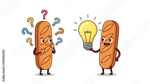 Pair of cartoon baguette characters where one is puzzled by many question marks and the other has a brilliant lightbulb idea for a solution.