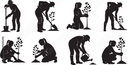 People planting trees in various gardening poses and actions