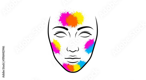 Face with colorful makeup and paint splatters on skin
