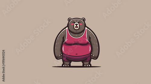 A cartoon bear is shown wearing a red tank top and maroon shorts, set against a neutral background