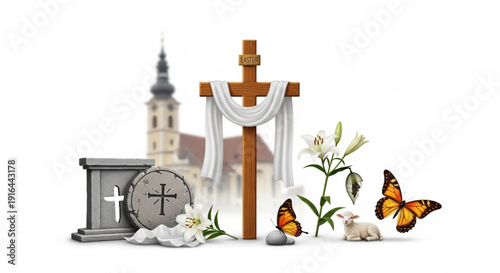Christian cross with white fabric tombstone church lilies butterflies and doves in serene memorial
