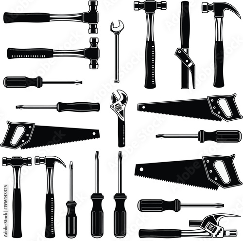 Hand tool icons set including hammers and saws isolated on a solid white background.