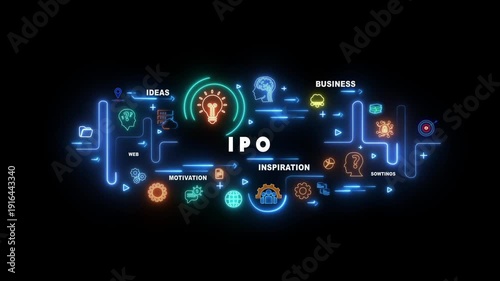 Neon light infographic diagram with IPO text and icons for ideas web motivation inspiration business and solutions