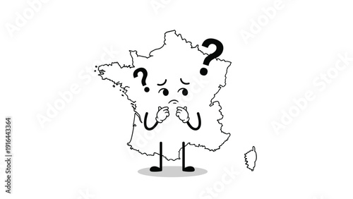 Puzzled cartoon map of France looks confused with question marks floating around it, representing travel questions or geographic uncertainties.