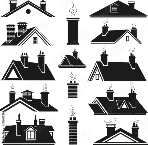 Detailed collection of residential house roofs with chimneys and smoke vents isolated on a white background for architectural imagery.