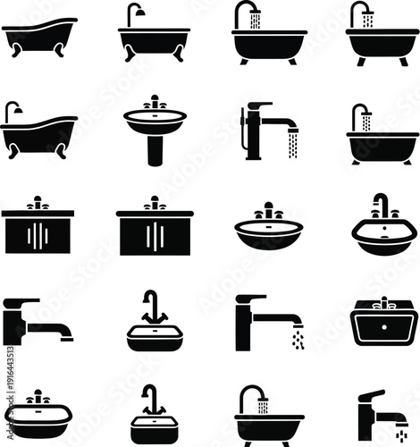 Bathroom fixtures icons, black and white symbols, plumbing elements, 20 bathroom accessories