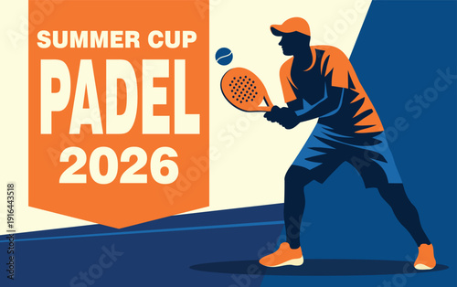 Bright vector abstract banner for the Padel Tennis tournament Championship. Sporty style, dynamic player silhouettes, orange and blue colors with text. A modern design for advertising Padel Tennis Cup
