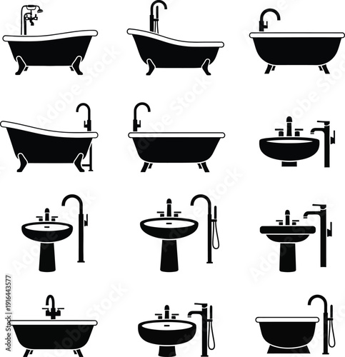 Bathroom fixtures icons, black and white vector set, 12 bathroom symbols, plumbing elements