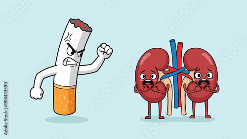 Angry cartoon cigarette character confronts a pair of scared cartoon kidneys, illustrating the harmful effects of smoking on internal organs.