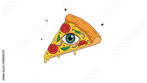 Surreal illustration of a delicious pizza slice featuring a large realistic human eye in the center, creating a unique and trippy art piece.