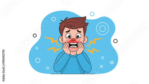 Distressed illustration of a young man with a bloody or injured nose and face, symbolizing a cold, allergy symptoms, or a physical injury.