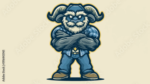 A fierce, muscular cartoon ram stands with arms crossed, wearing a plaid shirt and blue jeans