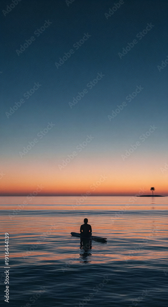 Fototapeta premium Person kayaking on calm water at sunset with clear sky 