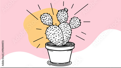 A hand-drawn cactus illustration in a pot on a light pink background with a yellow and white wave