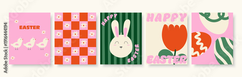 Set of Happy Easter Greeting Cards with Bunny, Tulip and Floral Patterns