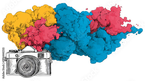 Black and white camera illustration releasing vibrant, colorful smoke from lens