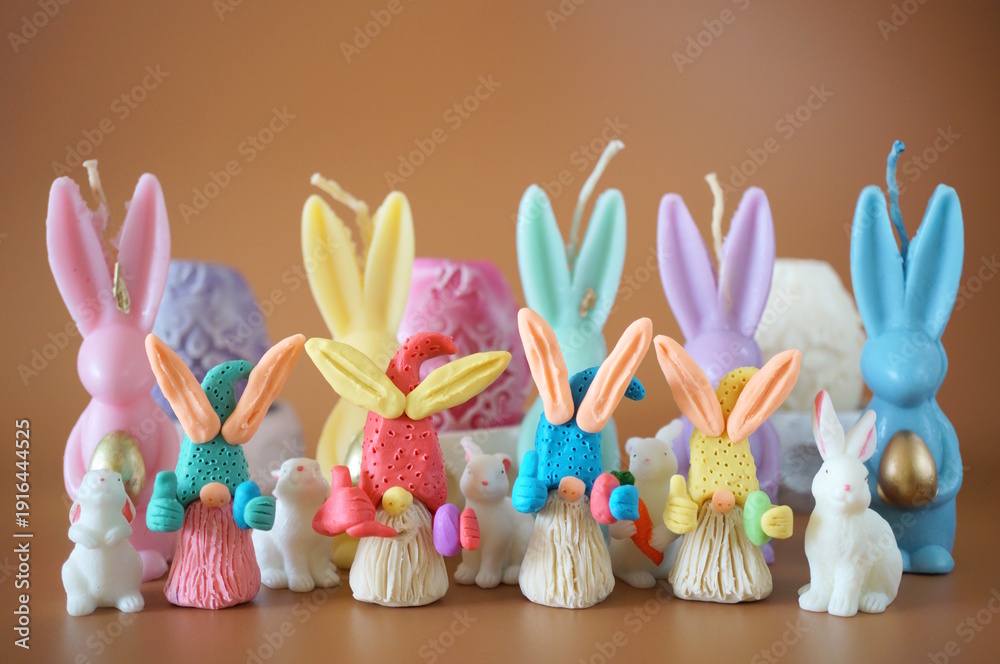 custom made wallpaper toronto digitalEaster gnomes made of plasticine and decorative rabbits on a brown background.