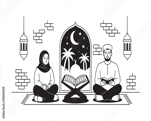 Muslim Family Performing Prayer Inside Mosque Illustration