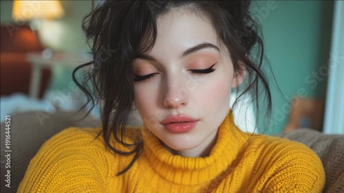 Young woman with eyes closed, lips puckered in a smile, wearing a yellow knit sweater against a cozy backdrop.