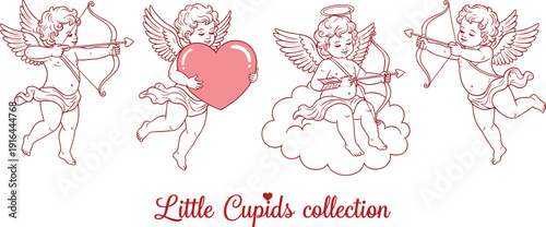 Cupid angels vector set featuring little cherubs with bow heart love romantic valentine illustration line art isolated on white background
