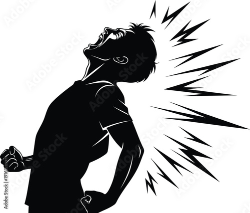 Silhouette of a person screaming loudly in anger or frustration while clenching both fists with powerful visual impact lines.