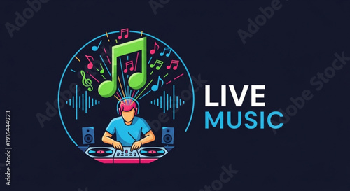 Dj mixing music with colorful notes and sound waves on dark background vibrant live music illustration