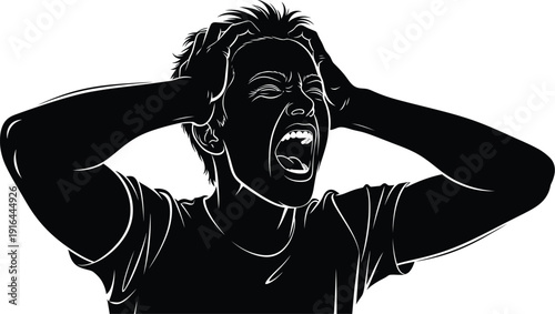Black and white silhouette illustration of a distressed young man screaming loudly while holding his head in intense frustration or agony
