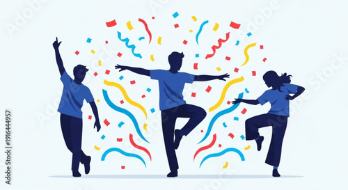 Three people dancing and celebrating with colorful confetti vibrant joyful atmosphere dynamic poses blue shirts and dark pants against white background