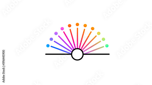A semicircle of colorful lines radiate from a circle, with dots on top. The background is white