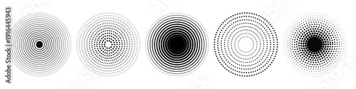 Round concentric sonar radar icons with sound wave rings, vector broadcast signal symbols for technology, security, connection, speaker focus and modern infographic design