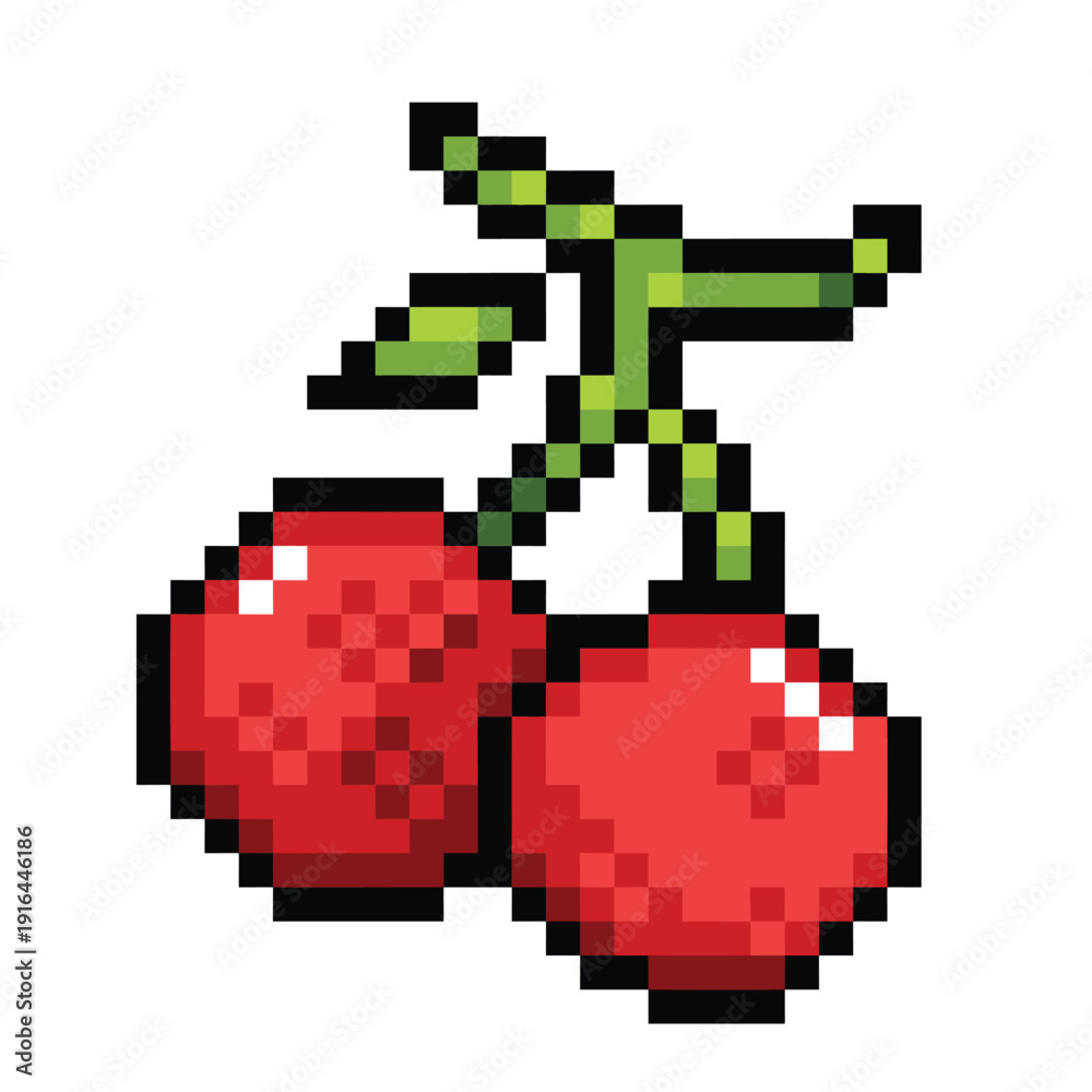 Fototapeta premium Red cherry fruit pixel art colorful illustration isolated on square white background.