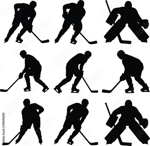 Ice Hockey Player Silhouette Set Isolated on White Background, Professional Skater and Goalie Black Vector Collection, Winter Sport Action Poses Illustration
