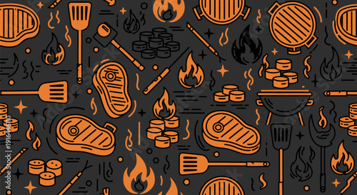 Vibrant orange bbq grill icons and flames on dark background summer cooking pattern