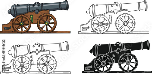 Historical cannon vector illustration set showing vintage artillery in colored flat design outline line art and black silhouette styles isolated white background