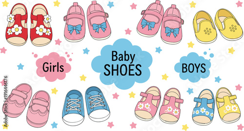 Collection of cute baby shoes for boys and girls featuring colorful sneakers, sandals with flowers, and booties with bows in a charming hand drawn flat vector style.