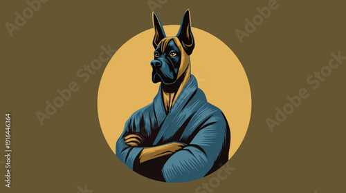 Stylized illustration of a dog with folded arms in a kimono, set in a golden circle