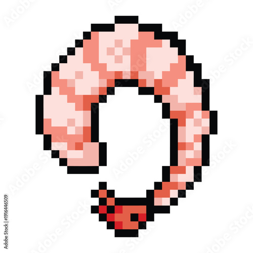 Boiled shrimp pixel art colorful illustration isolated on square white background.