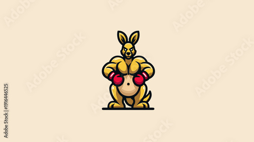 A yellow, muscular kangaroo wearing red boxing gloves on a light beige background