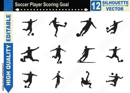 Silhouette set of a soccer player scoring a goal, representing professional football success, dynamic sports action, and athletic achievement.